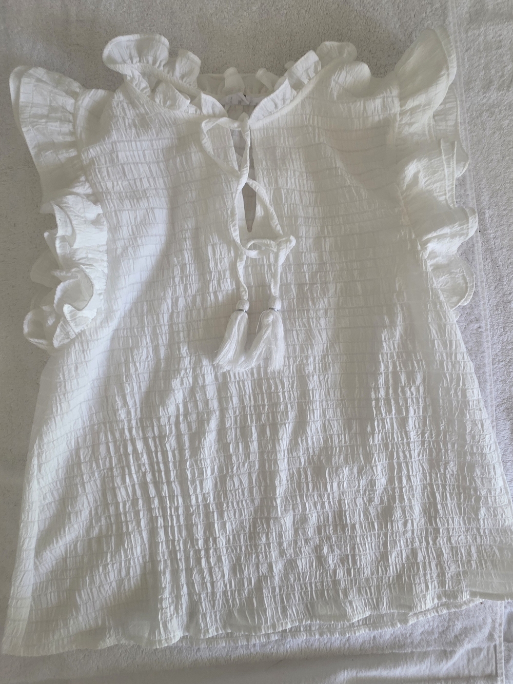 THML White Textured Sleeveless Blouse Ruffle Shoulder Tassel Tie Boho